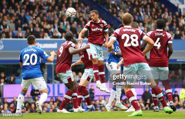 Thilo Kehrer of West Ham United wins a header during the Premier League match between Everton FC and West Ham United at Goodison Park on September...