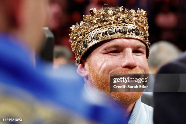 Canelo Alvarez reacts after defeating Gennadiy Golovkin to retain his Super Middleweight Title at T-Mobile Arena on September 17, 2022 in Las Vegas,...