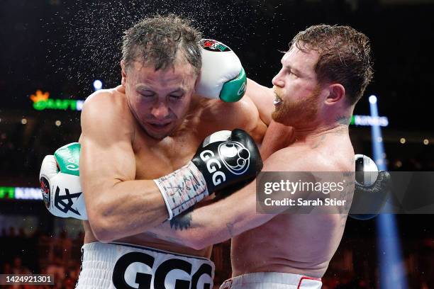 Canelo Alvarez and Gennadiy Golovkin exchange punches in the 12th and final round for the Super Middleweight Title at T-Mobile Arena on September 17,...