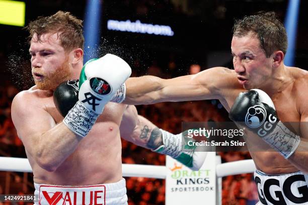 Gennadiy Golovkin lands a punch against Canelo Alvarez in the fight for the Super Middleweight Title at T-Mobile Arena on September 17, 2022 in Las...