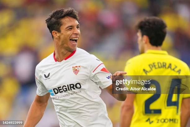 Oliver Torres of Sevilla FC celebrates after scoring their team's first goal during the LaLiga Santander match between Villarreal CF and Sevilla FC...