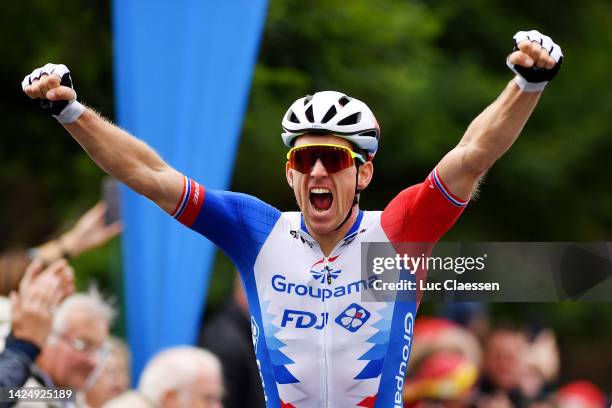 Arnaud Demare of France and Team Groupama - FDJ celebrates winning during the 76th Grand Prix d'Isbergues - Pas de Calais 2022 a 197,6km one day race...