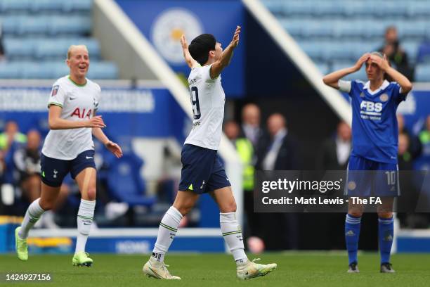 Ashleigh Neville of Tottenham Hotspur celebrates after scoring their team's first goal during the FA Women's Super League match between Leicester...