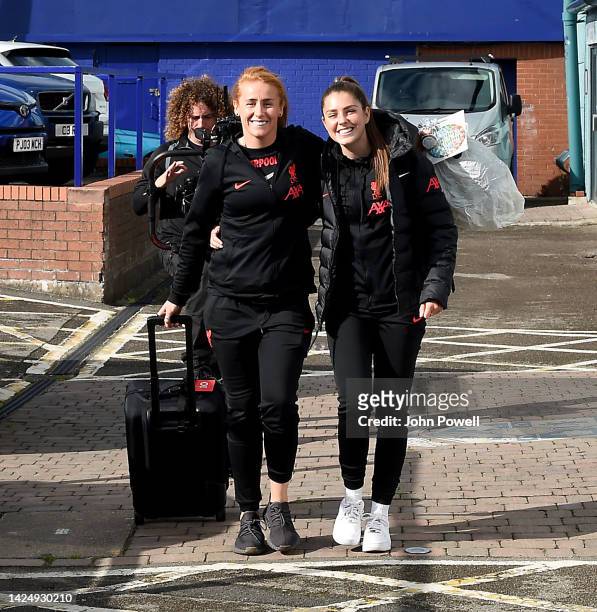 Rachel Furness and Carla Humphrey of Liverpool Women arriving before the FA Women's Super League match between Liverpool FC and Chelsea FC at Prenton...