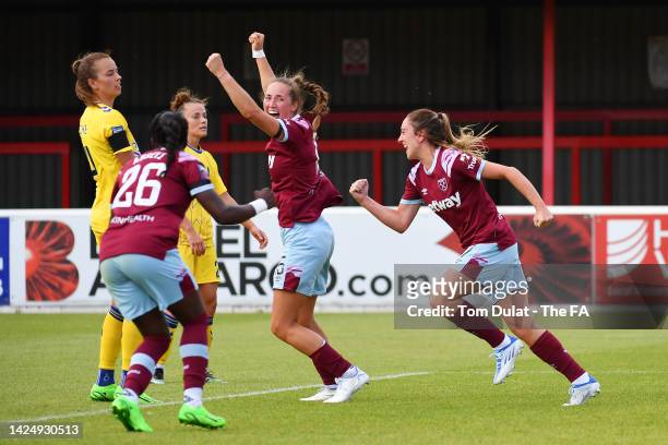 Lisa Evans of West Ham United celebrates after scoring their side's first goal during the FA Women's Super League match between West Ham United and...