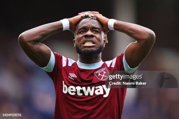 Maxwel Cornet of West Ham United reacts during the Premier League match between Everton FC and West Ham United at Goodison Park on September 18, 2022...