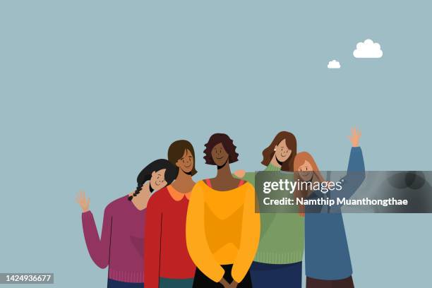 bame illustration concept shows diversity of women who has different ethnicity and skin tone, they are smiling and looking at the camera on the blue background. - woman cartoon stock pictures, royalty-free photos & images