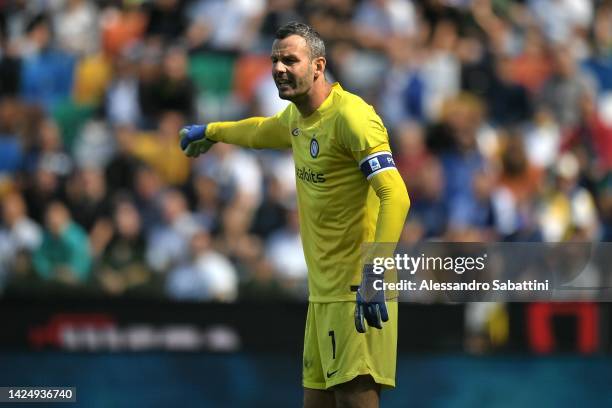 Samir Handanovic of FC Internazionale gestures during the Serie A match between Udinese Calcio and FC Internazionale at Dacia Arena on September 18,...