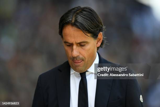 Simone Inzaghi head coach of FC Internazionale reacts during the Serie A match between Udinese Calcio and FC Internazionale at Dacia Arena on...