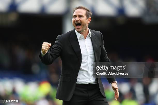 Frank Lampard, Manager of Everton celebrates after victory in the Premier League match between Everton FC and West Ham United at Goodison Park on...