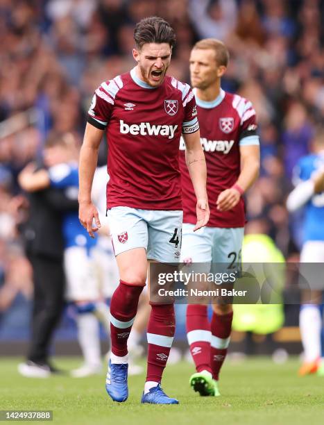 Declan Rice of West Ham United reacts following defeat in the Premier League match between Everton FC and West Ham United at Goodison Park on...