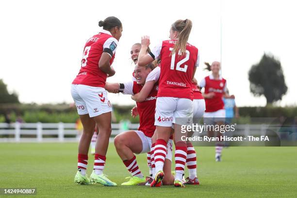 Shania Hayles of Bristol City celebrates with teammates after scoring their team's first goal the Barclays FA Women's Championship match between...