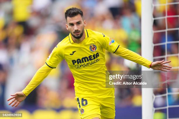 Alex Baena of Villarreal CF celebrates after scoring their team's first goal during the LaLiga Santander match between Villarreal CF and Sevilla FC...