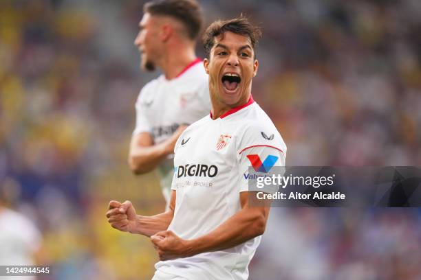 Oliver Torres of Sevilla FC celebrates after scoring their team's first goal during the LaLiga Santander match between Villarreal CF and Sevilla FC...