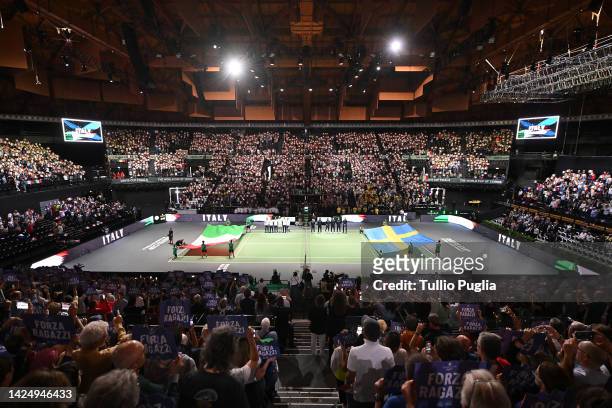 A general view during the opening ceremony of the Davis Cup Group Stage 2022 Bologna match between Italy and Sweden at Unipol Arena on September 18,...