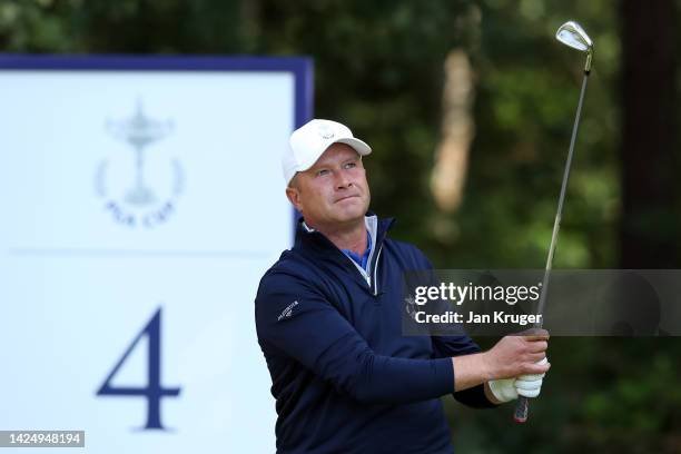 Greig Hutcheon of the Great Britain & Ireland PGA Cup Team in action on Day Three of the 2022 PGA Cup at Foxhills Golf Course on September 18, 2022...