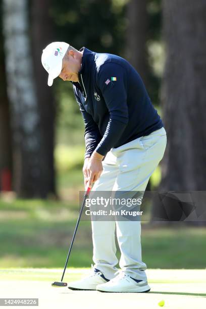 Greig Hutcheon of the Great Britain & Ireland PGA Cup Team in action on Day Three of the 2022 PGA Cup at Foxhills Golf Course on September 18, 2022...