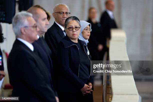 Mohammed Abdullah Alhabshee and Halimah Yacob, President of Singapore with the delegation from Singapore pay their respects to Queen Elizabeth II's...