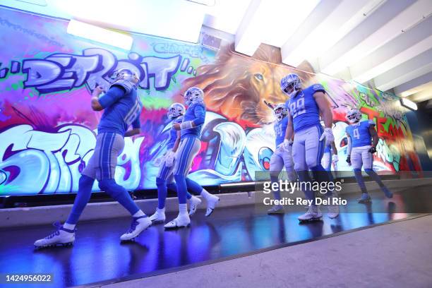 Detroit Lions players walk in the tunnel before the game against the Washington Commanders at Ford Field on September 18, 2022 in Detroit, Michigan.