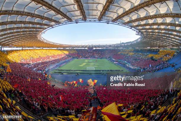 Roma fans during the Serie A match between AS Roma and Atalanta BC at Stadio Olimpico on September 18, 2022 in Rome, Italy.