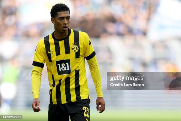 Jude Bellingham of Dortmund reacts during the Bundesliga match between Borussia Dortmund and FC Schalke 04 at Signal Iduna Park on September 17, 2022...