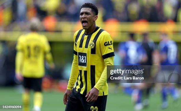 Jude Bellingham of Dortmund reacts during the Bundesliga match between Borussia Dortmund and FC Schalke 04 at Signal Iduna Park on September 17, 2022...