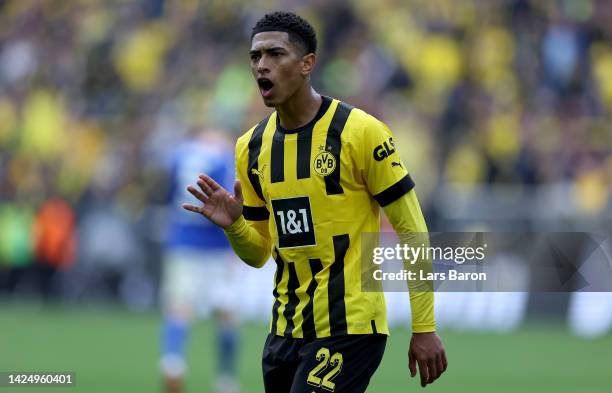 Jude Bellingham of Dortmund reacts during the Bundesliga match between Borussia Dortmund and FC Schalke 04 at Signal Iduna Park on September 17, 2022...