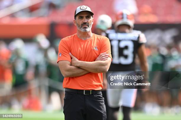 Head coach Kevin Stefanski of the Cleveland Browns looks on during warmups before the game against the New York Jets at FirstEnergy Stadium on...