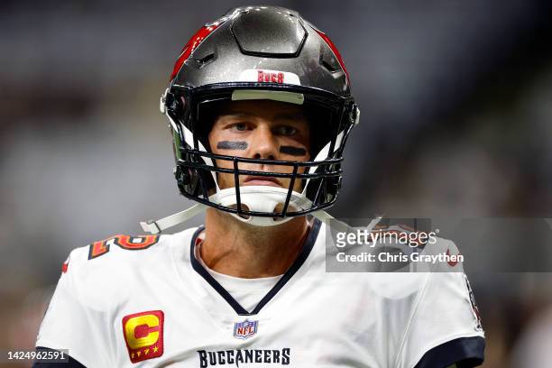 Tom Brady of the Tampa Bay Buccaneers looks on before the game against the New Orleans Saints at Caesars Superdome on September 18, 2022 in New...