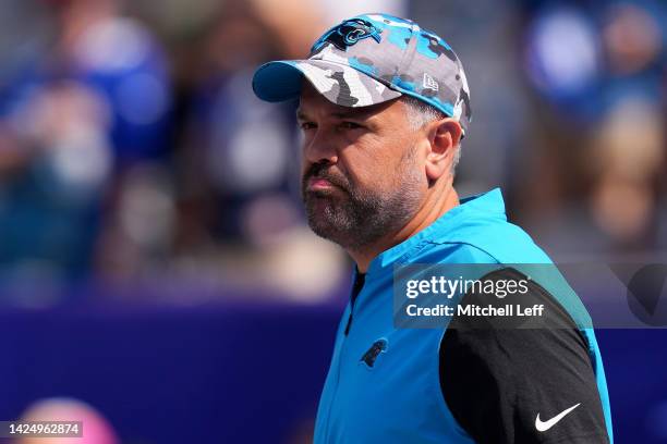 Head coach Matt Rhule of the Carolina Panthers looks on before the game against the New York Giants at MetLife Stadium on September 18, 2022 in East...