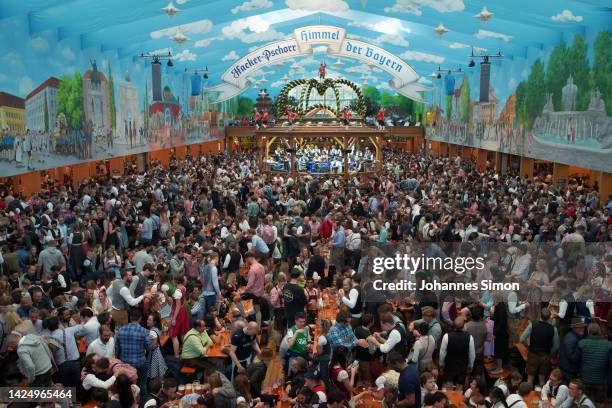 General impression in the Hacker-Pschorr tent on day two of the 2022 Oktoberfest beer fest on September 18, 2022 in Munich, Germany. This year's...