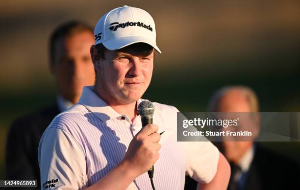 Robert MacIntyre of Scotland gives a speech during the prize giving ceremony after winning The Italian Open on Day Four of the DS Automobiles Italian...