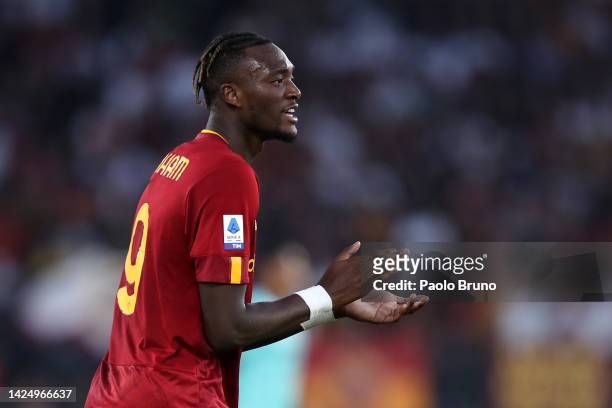Tammy Abraham of AS Roma reacts during the Serie A match between AS Roma and Atalanta BC at Stadio Olimpico on September 18, 2022 in Rome, Italy.