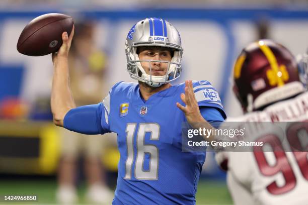 Jared Goff of the Detroit Lions passes the ball against the Washington Commanders during the first half at Ford Field on September 18, 2022 in...