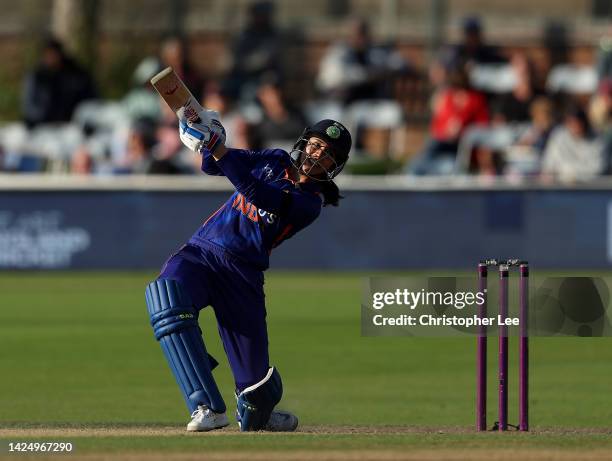 Smriti Mandhana of India in action during the 1st Royal London ODI match between England and India at The 1st Central County Ground on September 18,...