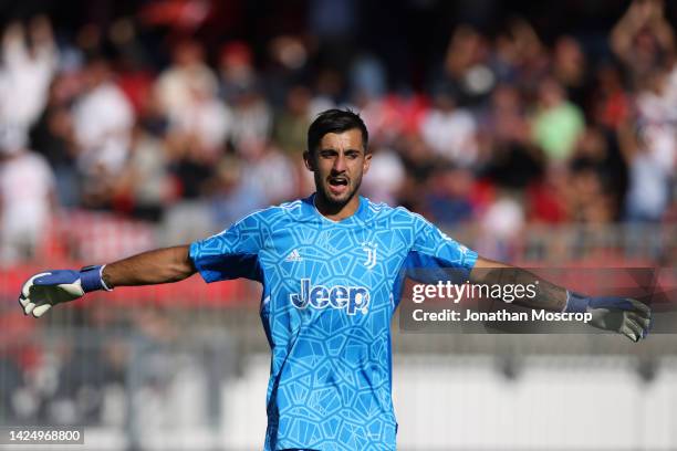 Mattia Perin of Juventus reacts after conceeding a goal to Christian Gytkjaer of AC Monza during the Serie A match between AC Monza and Juventus at...