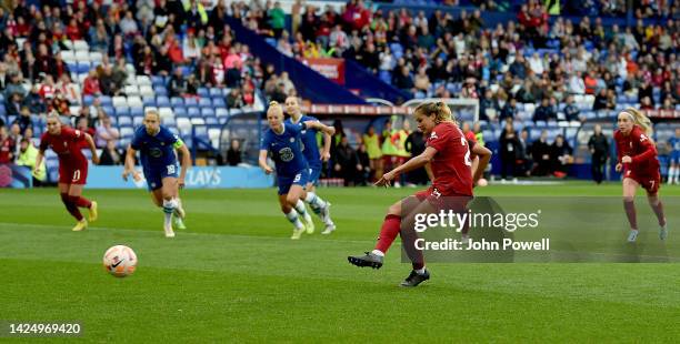 Katie Stengel of Liverpool Women scoring a penalty for Liverpool making the score 1-1 during the FA Women's Super League match between Liverpool FC...