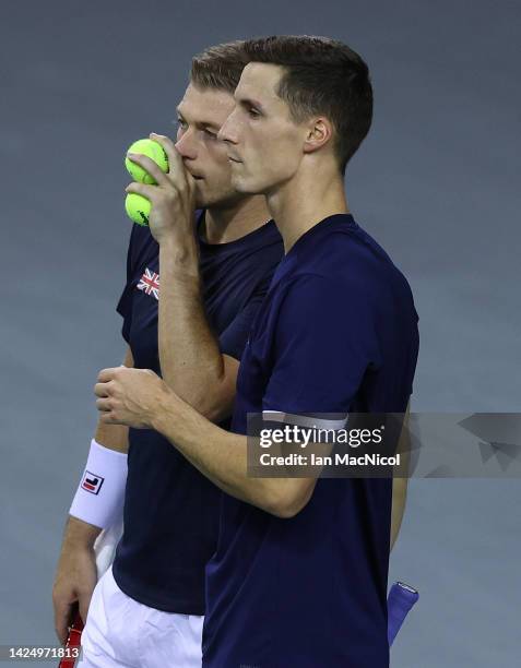 Neal Skupski of Great Britain ​and Joe Salisbury of Great Britain together in the first set during the Davis Cup Group D match between Great Britain...