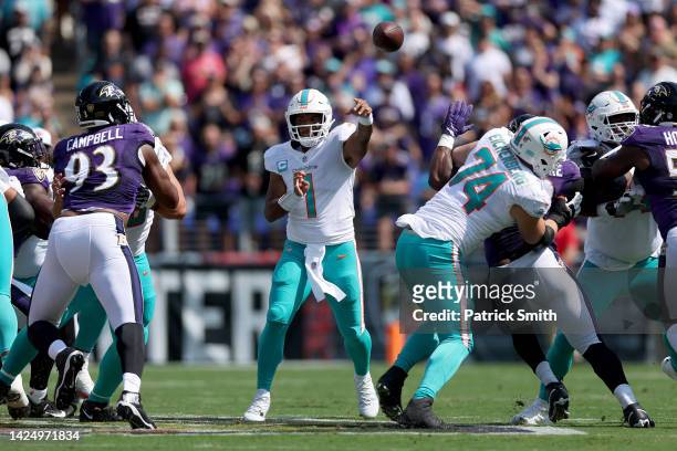 Tua Tagovailoa of the Miami Dolphins throws a pass in the first quarter against the Baltimore Ravens at M&T Bank Stadium on September 18, 2022 in...