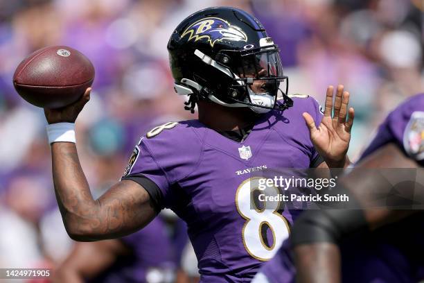 Lamar Jackson of the Baltimore Ravens throws a pass in the first quarter against the Miami Dolphins at M&T Bank Stadium on September 18, 2022 in...