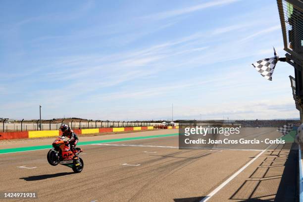 Pedro Acosta of Spain and RedBull KTM Ajo crossing the finish line on the first place during the Moto2 race at Motorland Aragon Circuit on September...