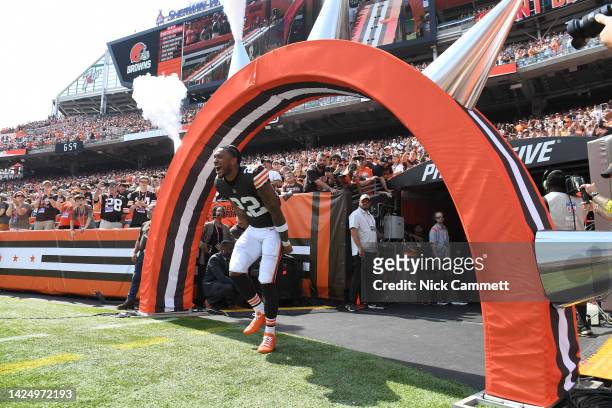 Grant Delpit of the Cleveland Browns reacts during player introductions before the game against the New York Jets at FirstEnergy Stadium on September...