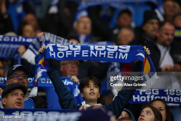 Hoffenheim fan shows their support holding a scarf prior to the Bundesliga match between TSG Hoffenheim and Sport-Club Freiburg at PreZero-Arena on...