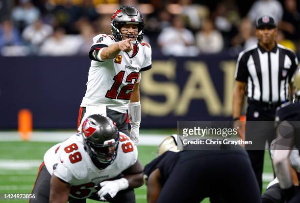Tom Brady of the Tampa Bay Buccaneers calls out instructions in the second quarter of the game against the New Orleans Saints at Caesars Superdome on...