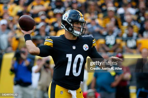 Mitch Trubisky of the Pittsburgh Steelers throws a pass in the first half against the New England Patriots at Acrisure Stadium on September 18, 2022...