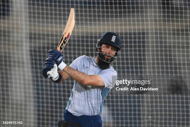 Moeen Ali of England bats during a Net Session at The National Stadium on September 18, 2022 in Karachi, Pakistan.