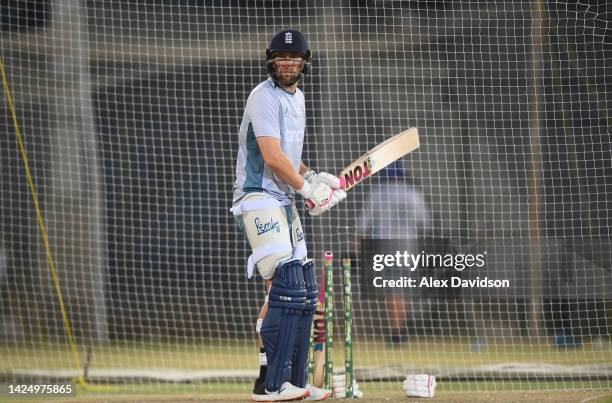 Dawid Malan of England bats during a Net Session at The National Stadium on September 18, 2022 in Karachi, Pakistan.