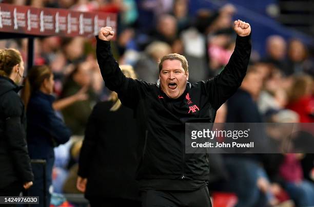 Matt Beard manager of Liverpool Women celebrates the victor at the end of the FA Women's Super League match between Liverpool FC and Chelsea FC at...