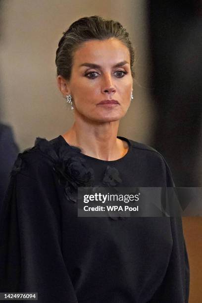 King Felipe VI of Spain and Queen Letizia of Spain view the coffin of Queen Elizabeth II lying in state at Westminster Hall on September 18, 2022 in...
