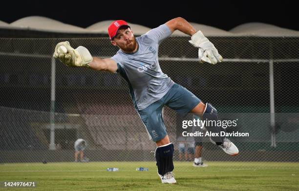 Phil Salt of England keeps wicket during a Net Session at The National Stadium on September 18, 2022 in Karachi, Pakistan.